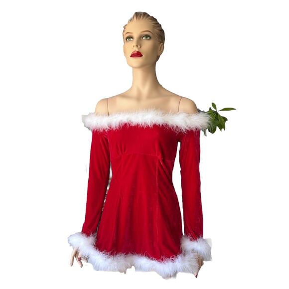 Vintage Fredericks of Hollywood Red Velvet Santa Feather Dress Plus Babydoll Sm - Picture 1 of 8